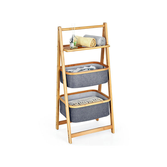 Wooden 2-Tier Laundry Storage Rack, Foldable Laundry Storage for Bathroom Bedroom