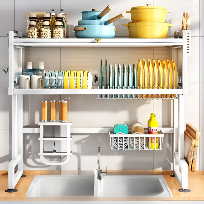 Over Sink Dish Drying Rack with Dust-Proof Cabinet Doors, 2 Tier Large Storage Kitchen Dish Drainer Rack Space Saver Shelf Holder, Above Sink Dish Racks with Utensil Holder, Knife Holder