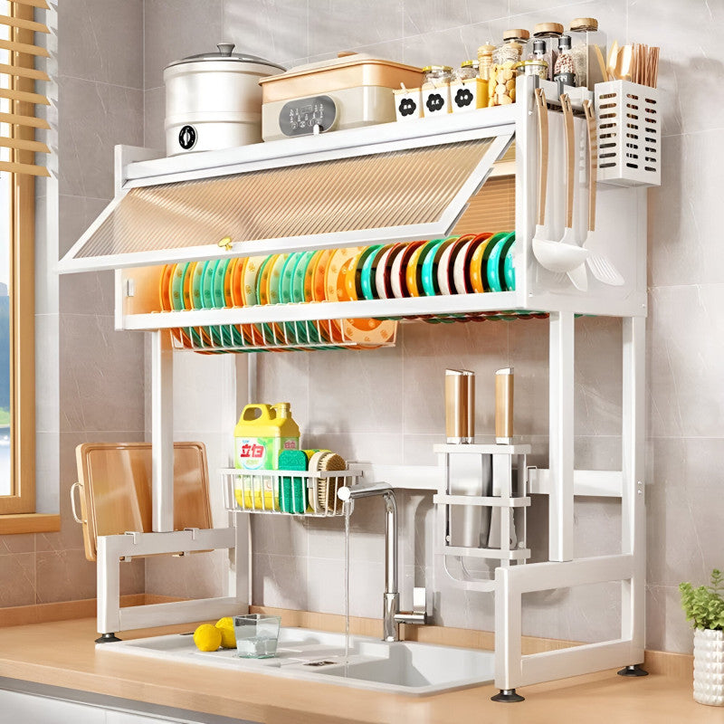 Over Sink Dish Drying Rack with Dust-Proof Cabinet Doors, 2 Tier Large Storage Kitchen Dish Drainer Rack Space Saver Shelf Holder, Above Sink Dish Racks with Utensil Holder, Knife Holder