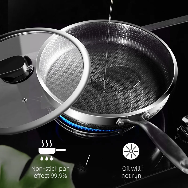 High-Quality 316/304 SS Frying Pan – Honeycomb Design, Non-Stick, All Cooktop Compatible