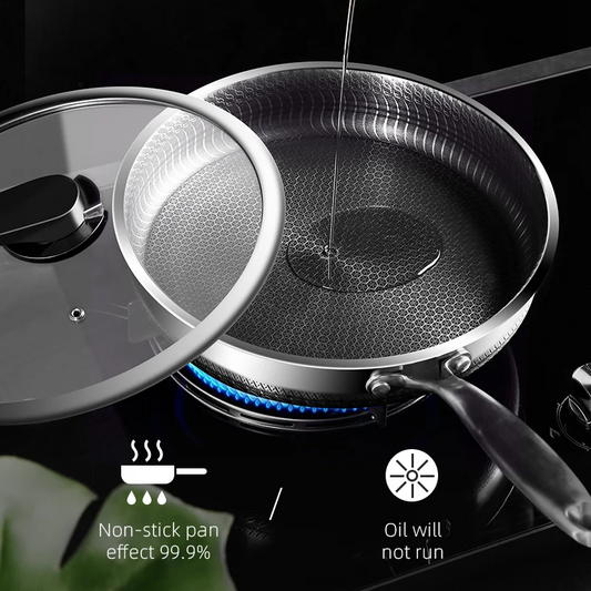 High-Quality 316/304 SS Frying Pan – Honeycomb Design, Non-Stick, All Cooktop Compatible