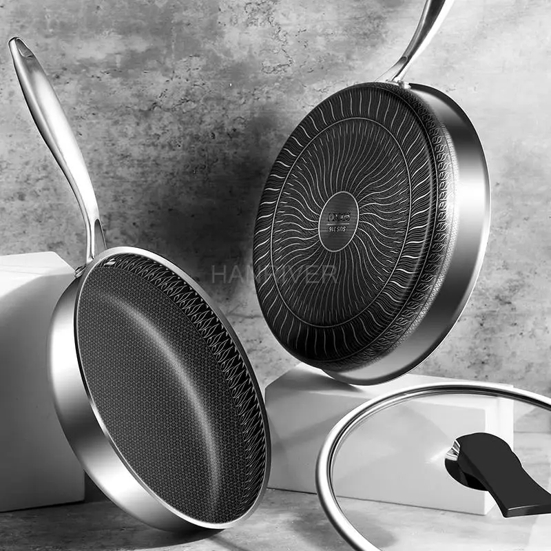 High-Quality 316/304 SS Frying Pan – Honeycomb Design, Non-Stick, All Cooktop Compatible
