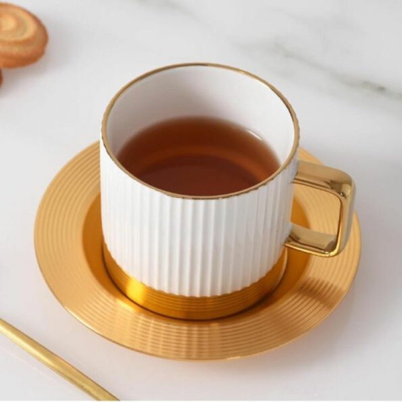 Striped Coffee & Tea Cup Set with Metal Saucer – Set of 6 | Elegant Gift Set | Adornia.pk