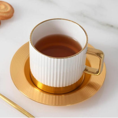 Striped Coffee & Tea Cup Set with Metal Saucer – Set of 6 | Elegant Gift Set | Adornia.pk