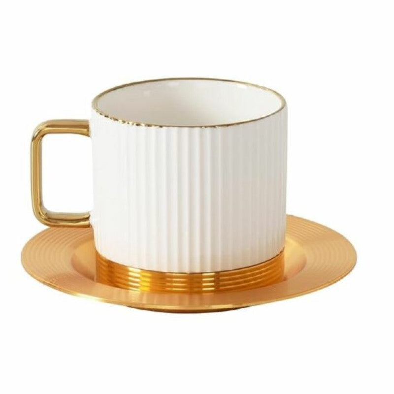 Striped Coffee & Tea Cup Set with Metal Saucer – Set of 6 | Elegant Gift Set | Adornia.pk