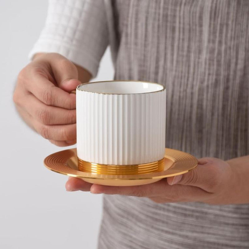 Striped Coffee & Tea Cup Set with Metal Saucer – Set of 6 | Elegant Gift Set | Adornia.pk
