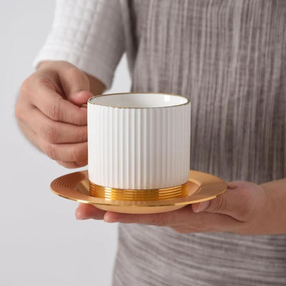 Striped Coffee & Tea Cup Set with Metal Saucer – Set of 6 | Elegant Gift Set | Adornia.pk