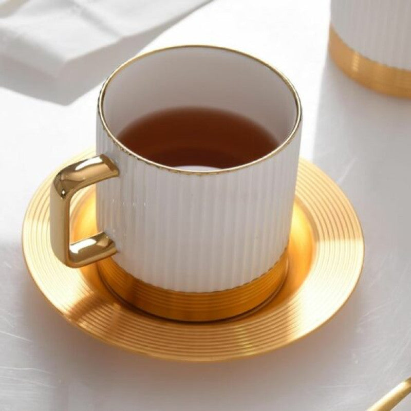 Striped Coffee & Tea Cup Set with Metal Saucer – Set of 6 | Elegant Gift Set | Adornia.pk