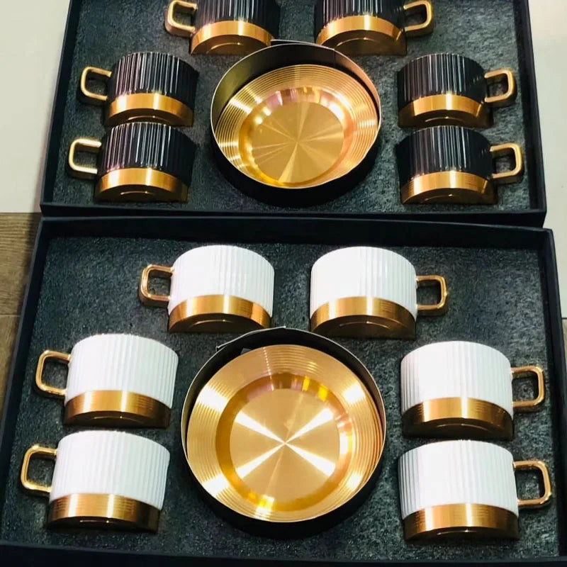Striped Coffee & Tea Cup Set with Metal Saucer – Set of 6 | Elegant Gift Set | Adornia.pk