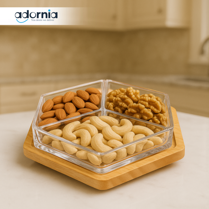 HEXAGON DRY FRUIT & SNACK TRAY – WITH WOODEN BASE 3-COMPARTMENT SERVING BOX