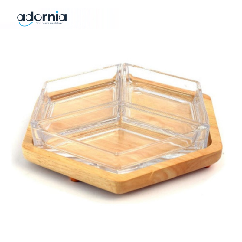 HEXAGON DRY FRUIT & SNACK TRAY – WITH WOODEN BASE 3-COMPARTMENT SERVING BOX