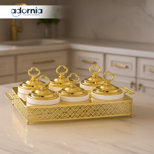 LUXURY GOLD SERVING SET – WHITE CERAMIC BOWLS WITH DECORATIVE HANDLE TRAY - 6 COMPARTMENT