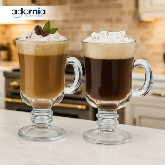 IRISH COFFEE GLASS MUG SET – ELEGANT FOOTED LATTE CUPS WITH HANDLE FOR HOT BEVERAGES – PERFECT FOR LUXURY KITCHEN & DESSERT DRINKS – 4PIECE