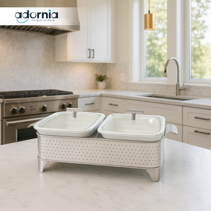 DOUBLE RECTANGULAR CHAFING DISH – STAINLESS STEEL BUFFET WARMER WITH LIDS | LUXURY TABLETOP SERVER