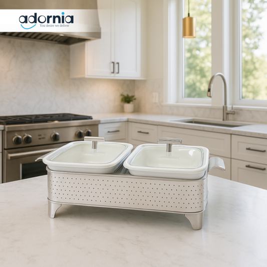 DOUBLE RECTANGULAR CHAFING DISH – STAINLESS STEEL BUFFET WARMER WITH LIDS | LUXURY TABLETOP SERVER