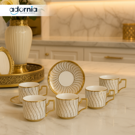 LUXURY GOLD-LINED TEA CUP & SAUCER SET – 6 PCS PREMIUM PORCELAIN COFFEE SET FOR  KITCHEN DISPLAY