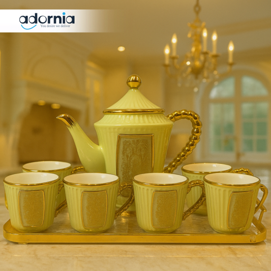 ROYAL WHITE & GOLD TEA SET – 7 PIECE LUXURY CERAMIC SET WITH TRAY FOR VILLA KITCHEN DISPLAY - PISTACHIO GREEN & GOLDEN
