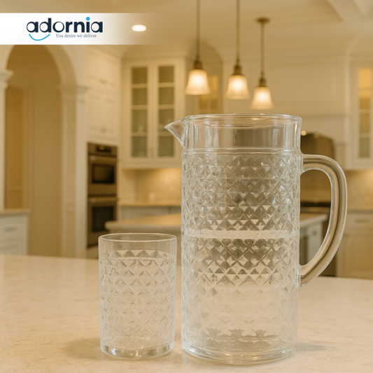 DIAMOND CUT CRYSTAL JUG & GLASS SET – LUXURY WATER SERVER FOR KITCHEN OR DINING USE