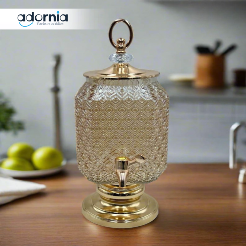 LUXURY GOLDEN CRYSTAL BEVERAGE DISPENSER – ELEGANT GLASS JUICE CONTAINER WITH FAUCET FOR KITCHEN & EVENTS