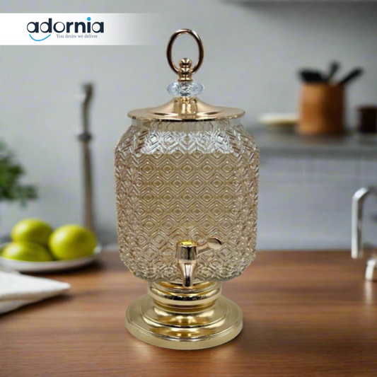LUXURY GOLDEN CRYSTAL BEVERAGE DISPENSER – ELEGANT GLASS JUICE CONTAINER WITH FAUCET FOR KITCHEN & EVENTS