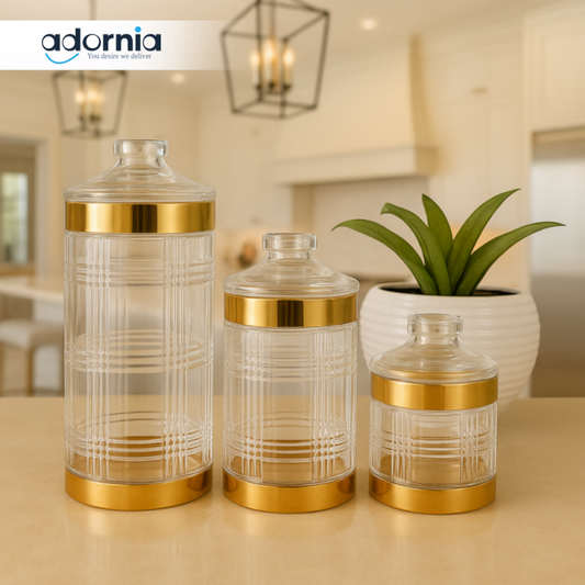 LUXURY TEXTURED GLASS JAR SET WITH GOLD LIDS – PREMIUM KITCHEN STORAGE CONTAINERS FOR SPICES, SNACKS & DRY ITEMS