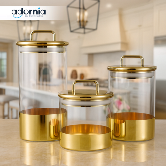 LUXURY GLASS STORAGE JAR SET WITH GOLDEN LID – AIRTIGHT CANISTER CONTAINERS FOR KITCHEN ORGANIZATION & DRY FOOD STORAGE