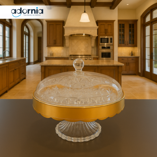 LUXURY ROUND CRYSTAL DRY FRUIT SERVER WITH GOLD TRIM – PREMIUM DISPLAY BOWL WITH LID FOR SNACKS & TREATS