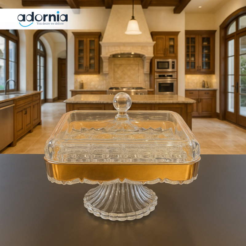 LUXURY CRYSTAL DRY FRUIT SERVER WITH GOLD TRIM – ELEGANT SQUARE STORAGE & DISPLAY DISH FOR SNACKS AND TREATS