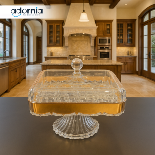 LUXURY CRYSTAL DRY FRUIT SERVER WITH GOLD TRIM – ELEGANT SQUARE STORAGE & DISPLAY DISH FOR SNACKS AND TREATS