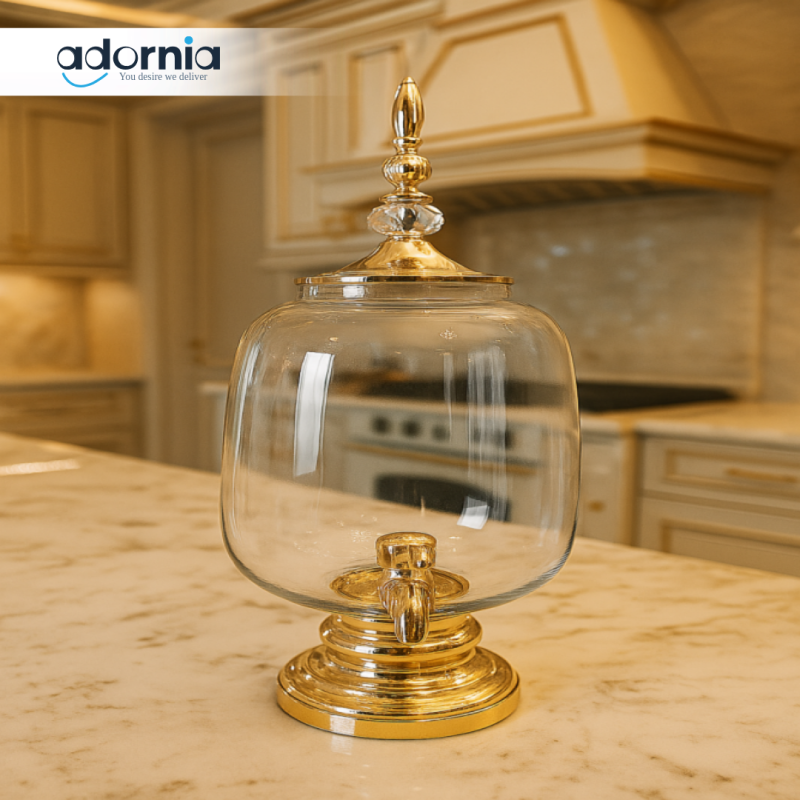 PREMIUM GOLD GLASS BEVERAGE DISPENSER | LUXURY JUICE SERVER FOR KITCHEN, PARTIES & EVENTS