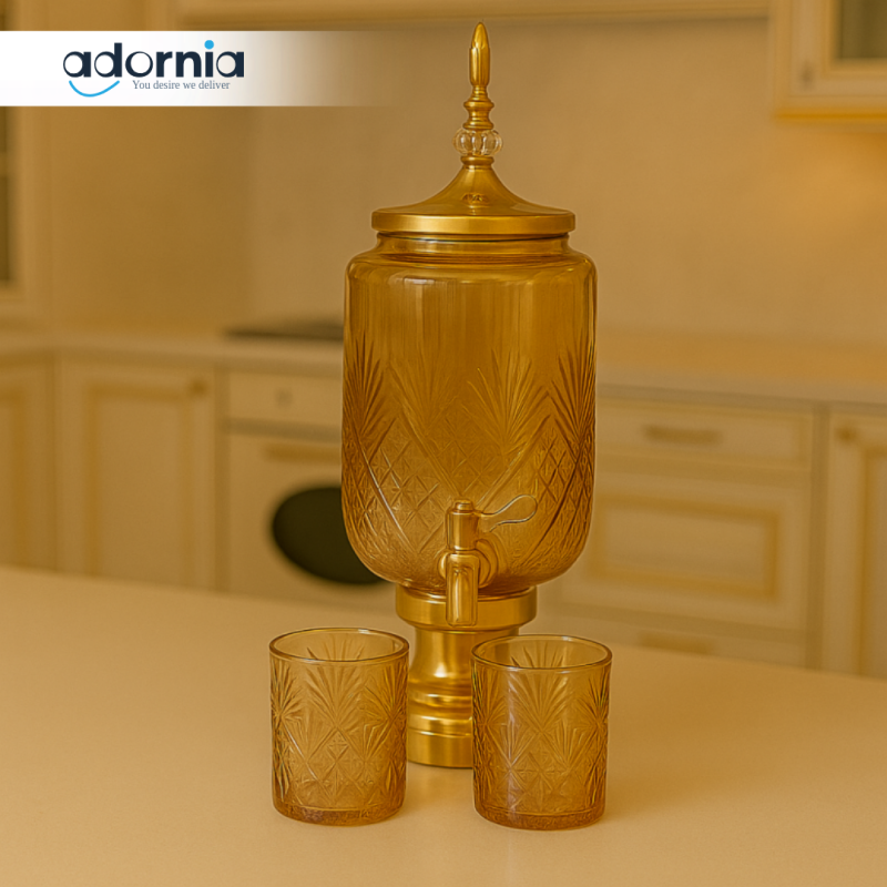 LUXURY AMBER GLASS WATER DISPENSER SET WITH 6 ETCHED GLASSES – GOLDEN BASE & FAUCET | ELEGANT VILLA KITCHEN SERVER