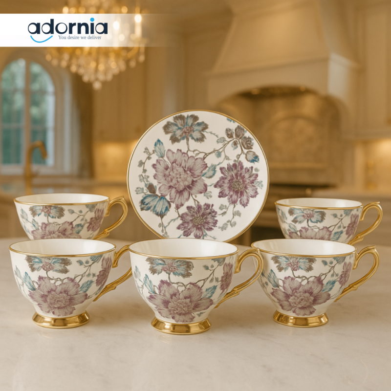 ROYAL ALBERT LUXURY FLORAL TEA CUP SET – 12 PIECE | GOLD RIMMED FINE PORCELAIN CUPS & SAUCERS
