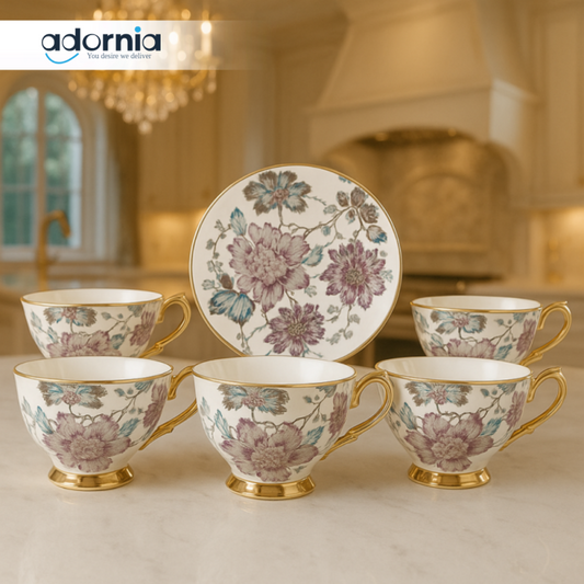 ROYAL ALBERT LUXURY FLORAL TEA CUP SET – 12 PIECE | GOLD RIMMED FINE PORCELAIN CUPS & SAUCERS