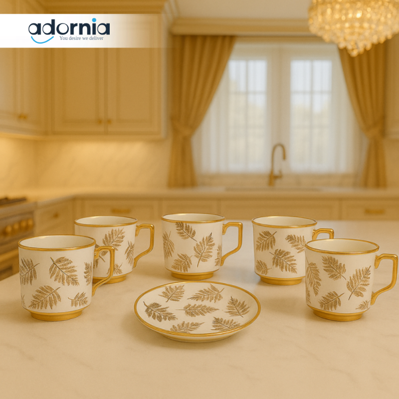 LUXURY GOLD LEAF TEA CUP SET – 6 PIECE WITH SAUCER | ELEGANT PORCELAIN COFFEE MUGS FOR VILLA KITCHEN DISPLAY