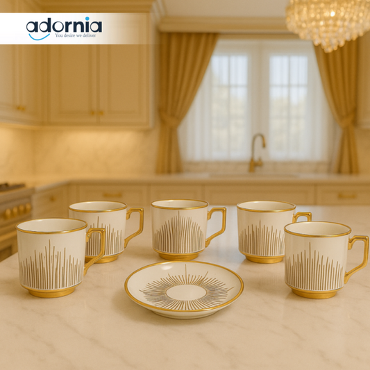 LUXURY GOLD SUNRAY TEA CUP SET – 6 PIECE WITH SAUCER | ELEGANT PORCELAIN COFFEE MUGS FOR PREMIUM KITCHEN DISPLAY