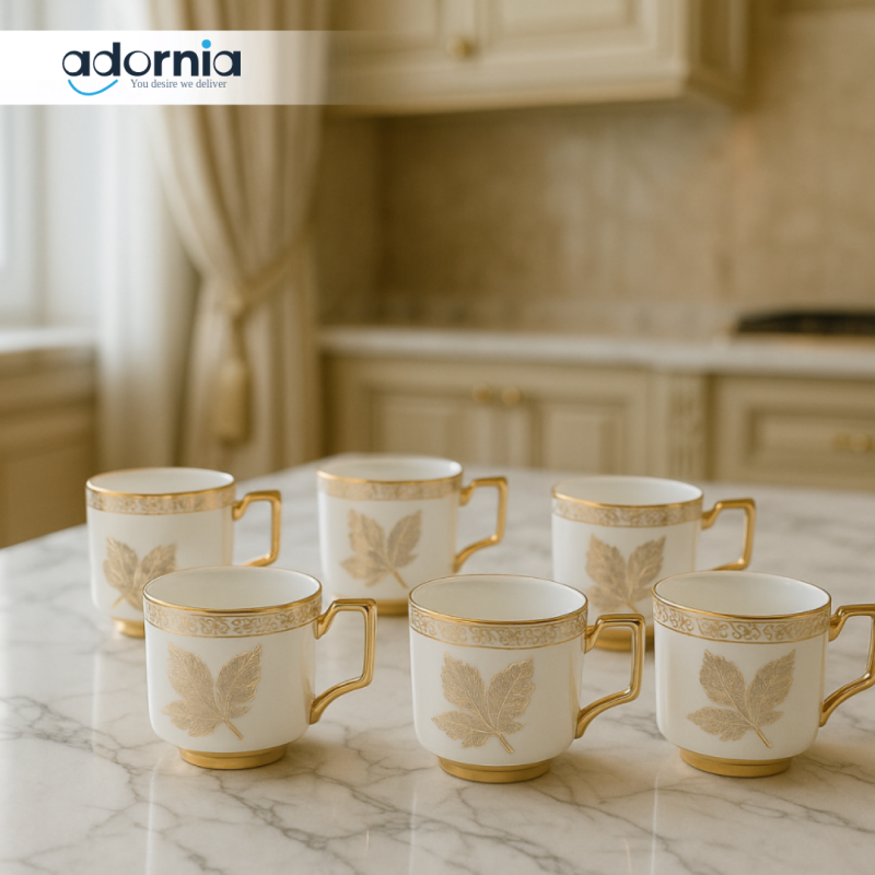 6 PIECE LUXURY PORCELAIN TEACUP & SAUCER SET – GOLD HANDLE & LEAF DESIGN – PREMIUM GIFT EDITION