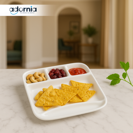 LUXURY 2-PIECE CERAMIC SNACK PLATE SET – 5-COMPARTMENT SERVING TRAYS FOR NACHOS, DRY FRUITS & SAUCES