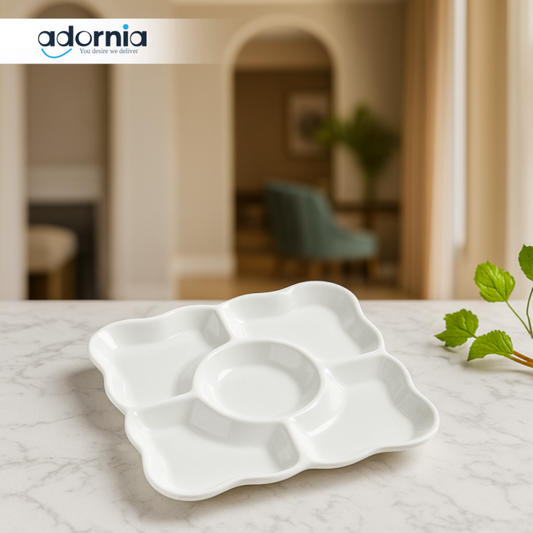 LUXURY 5-COMPARTMENT SNACK SERVING PLATTER – CERAMIC MULTI-SECTION DISH FOR DRY FRUITS, SAUCES & APPETIZERS
