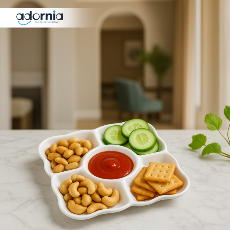 LUXURY 5-COMPARTMENT SNACK SERVING PLATTER – CERAMIC MULTI-SECTION DISH FOR DRY FRUITS, SAUCES & APPETIZERS