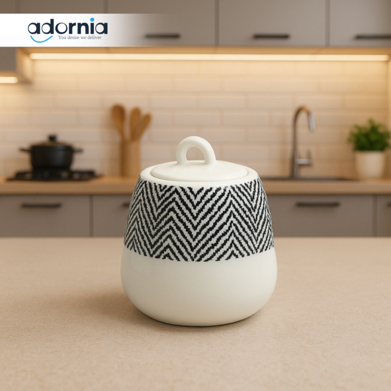 MODERN CERAMIC SUGAR BOWL WITH LID – BLACK & WHITE PATTERN – LUXURY KITCHEN COUNTER DECOR