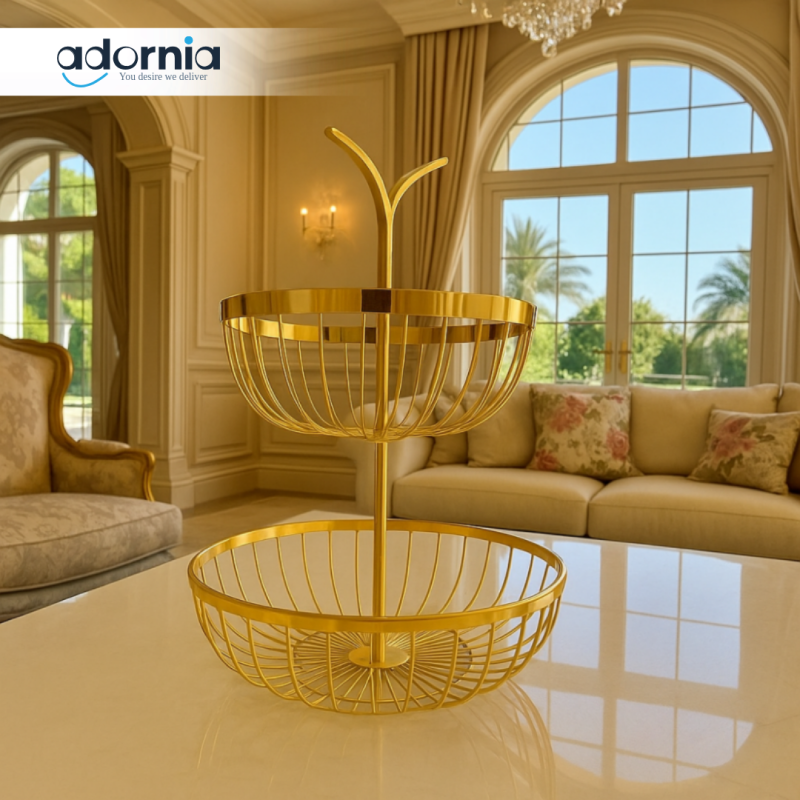 LUXURY 2-TIER GOLD FRUIT & SNACK BASKET – ELEGANT COUNTERTOP ORGANIZER FOR KITCHEN & LIVING ROOM DECOR