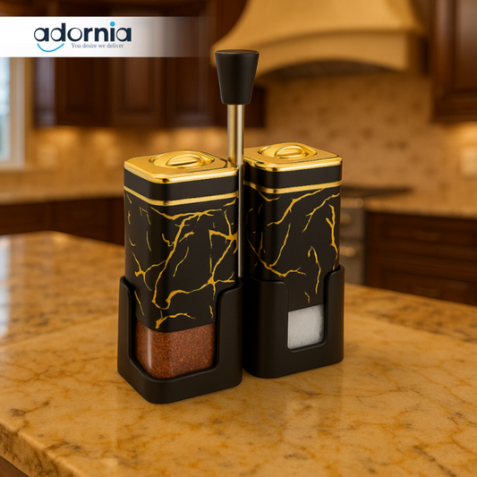 LUXURY MARBLE SALT & PEPPER DISPENSER SET – ELEGANT GOLD ACCENTED KITCHEN ACCESSORY - BLACK