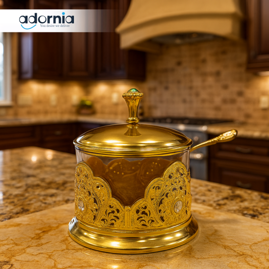 LUXURY GOLD SUGAR POT WITH SPOON – ROYAL DESIGN FOR KITCHEN & DINING DECOR