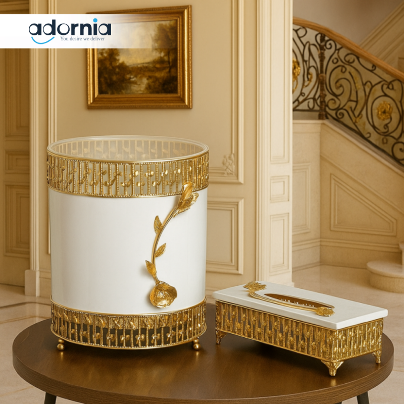 LUXURY WHITE & GOLD TISSUE BOX AND DUSTBIN SET – VILLA DECOR STYLE