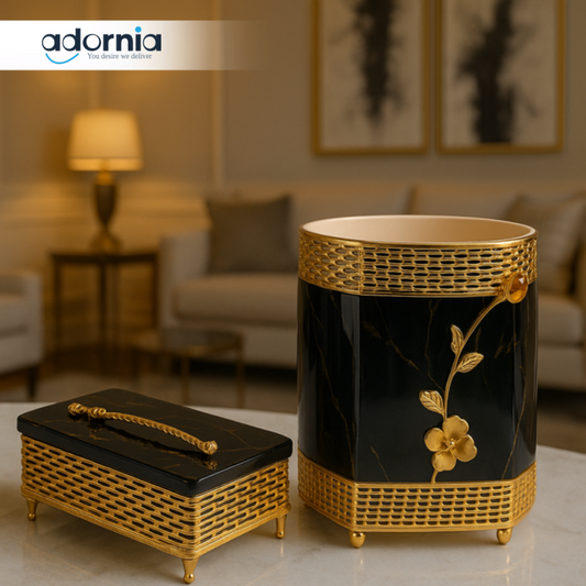 LUXURY BLACK & GOLD BATHROOM BIN AND TISSUE BOX SET – DECORATIVE STORAGE FOR VILLA INTERIORS