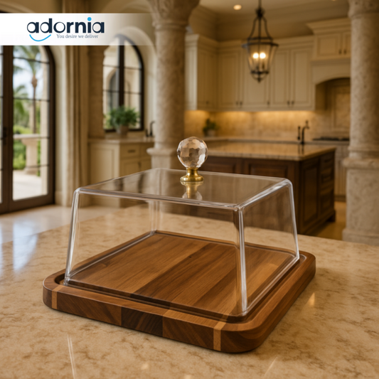 LUXURY SQUARE GLASS CAKE DOME WITH WOODEN BASE | ELEGANT DESSERT DISPLAY FOR MODERN KITCHENS
