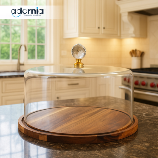 LUXURY GLASS DOME CAKE STAND WITH WOODEN BASE | ELEGANT DESSERT DISPLAY FOR KITCHEN & DINING