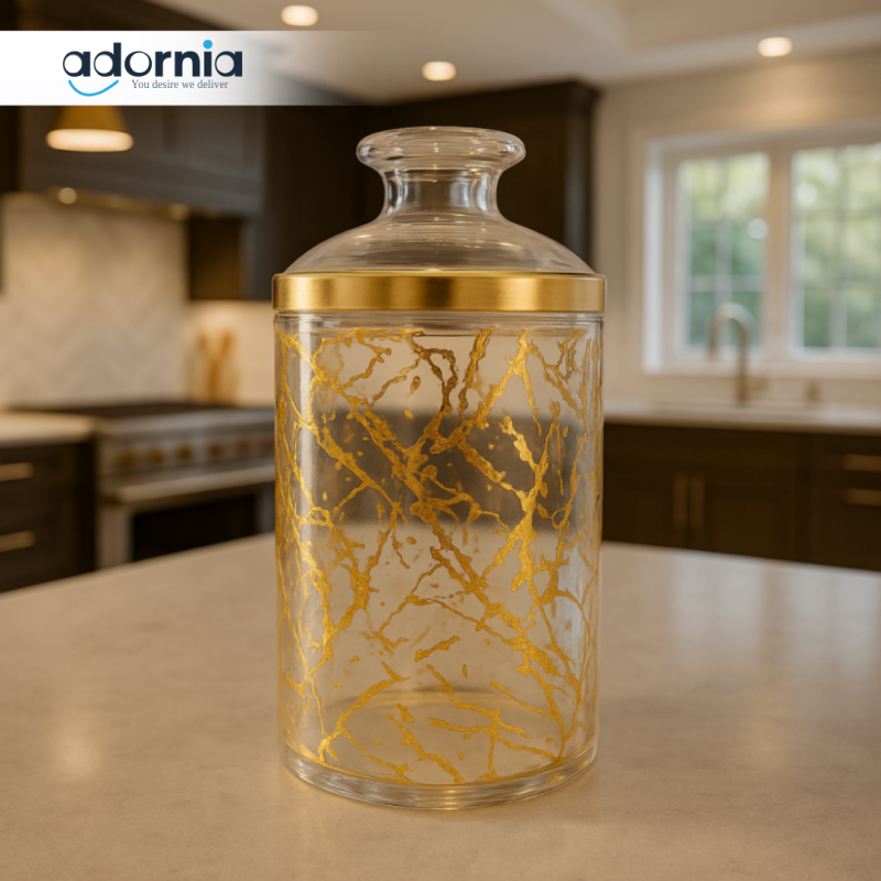 LUXURY GOLD VEINED GLASS JAR – ELEGANT DECORATIVE STORAGE CONTAINER FOR KITCHEN, SNACKS & DRY GOODS