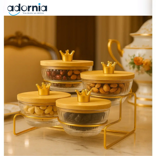 Luxury Crown Glass Bowl Set with Golden Stand – 4-Piece Snack & Dry Fruit Server