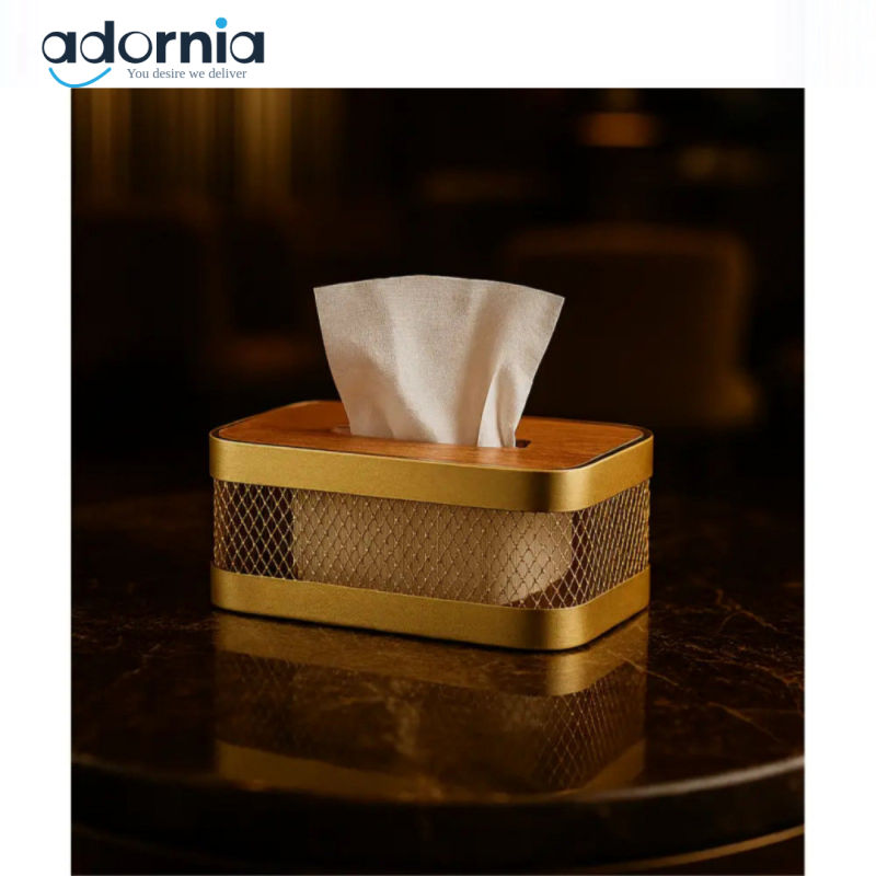 Luxury Gold Mesh Tissue Box with Wooden Top – Elegant Tabletop Dispenser